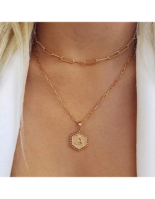 M MOOHAM Dainty Layered Initial Necklaces for Women Trendy, 14K Real Gold Plated Paperclip Chain Necklace Cute Hexagon Letter Pendant Initial Choker Necklace Gold Layered