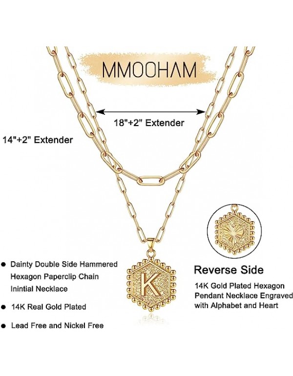 M MOOHAM Dainty Layered Initial Necklaces for Women Trendy, 14K Real Gold Plated Paperclip Chain Necklace Cute Hexagon Letter Pendant Initial Choker Necklace Gold Layered