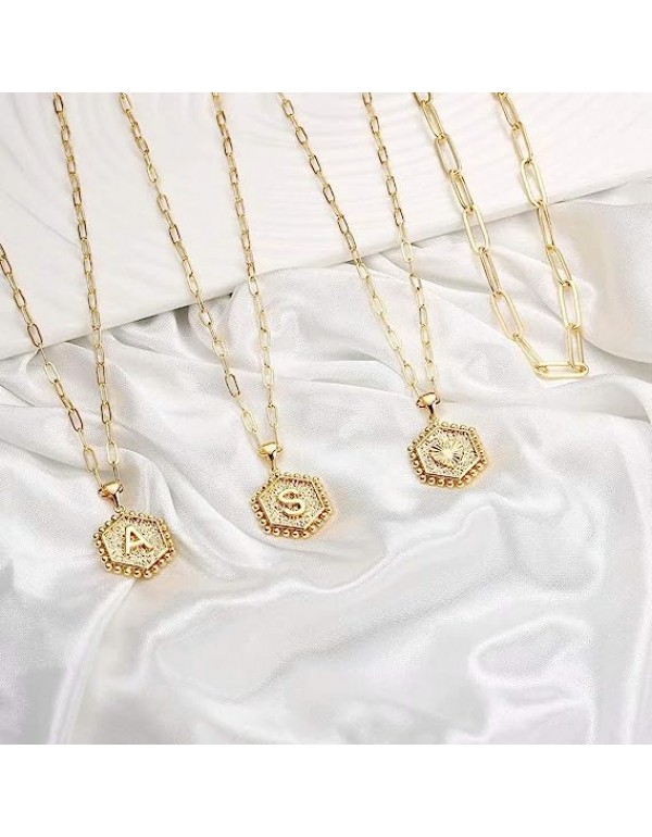 M MOOHAM Dainty Layered Initial Necklaces for Women Trendy, 14K Real Gold Plated Paperclip Chain Necklace Cute Hexagon Letter Pendant Initial Choker Necklace Gold Layered