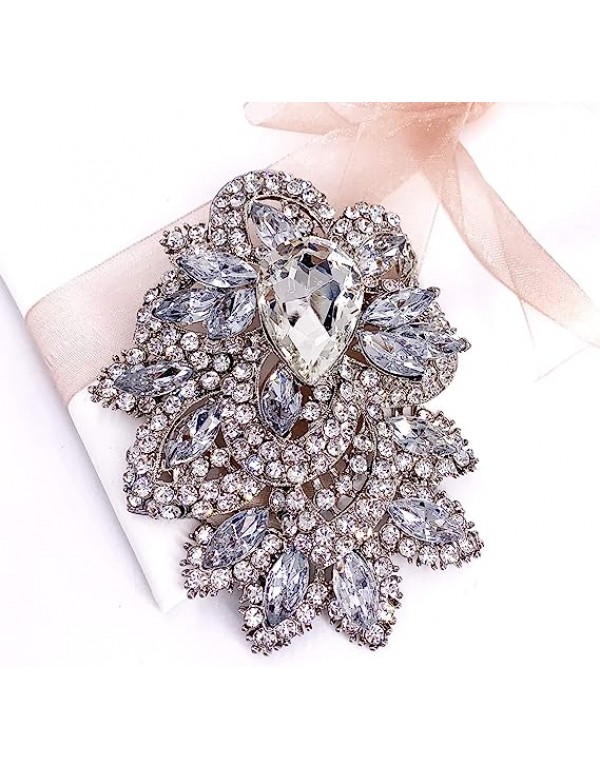 Women's Vintage Blue Austrian Crystal Elegant Flower Teardrop Brooch Gold Tone
