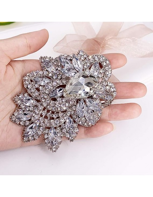 Women's Vintage Blue Austrian Crystal Elegant Flower Teardrop Brooch Gold Tone