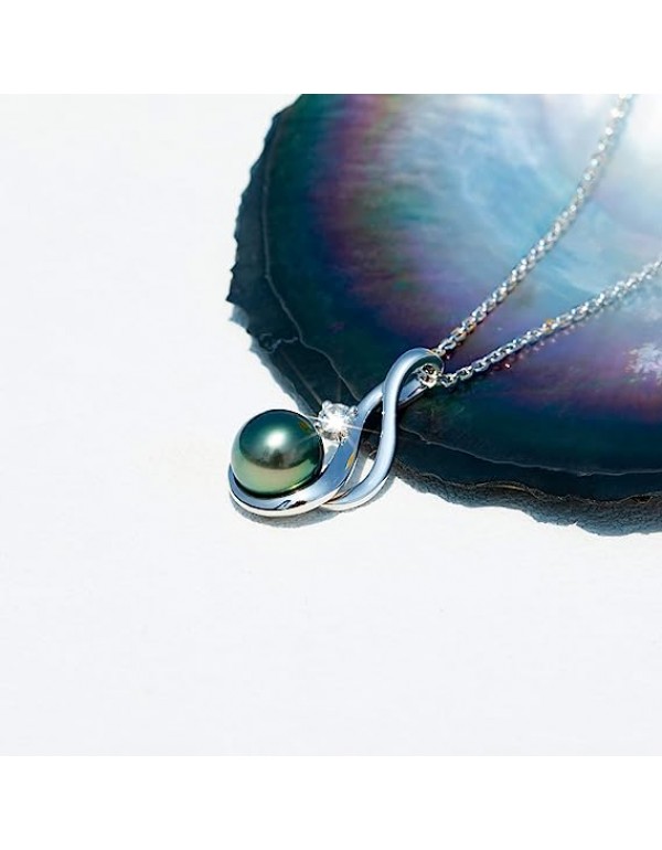 Tahitian Black Pearl Necklace for Women, 9-11mm AAAA Quality Handpicked Nature Tahitian Black Pearls, D Color Moissanite, 18K White Gold Plated Sterling Silver Pendant, 40+2+3mm Adjustable Sterling Silver Chain