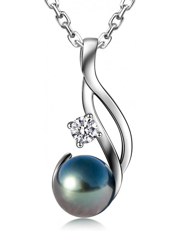 Tahitian Black Pearl Necklace for Women, 9-11mm AAAA Quality Handpicked Nature Tahitian Black Pearls, D Color Moissanite, 18K White Gold Plated Sterling Silver Pendant, 40+2+3mm Adjustable Sterling Silver Chain