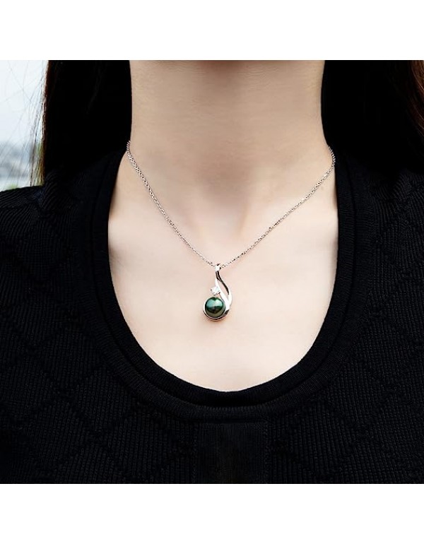 Tahitian Black Pearl Necklace for Women, 9-11mm AAAA Quality Handpicked Nature Tahitian Black Pearls, D Color Moissanite, 18K White Gold Plated Sterling Silver Pendant, 40+2+3mm Adjustable Sterling Silver Chain