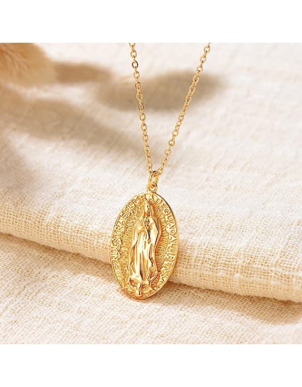 Carved Gold Coin Pendant Necklace for Women Girls Men,18K Gold Plated Dainty Minimalist Necklace for Women