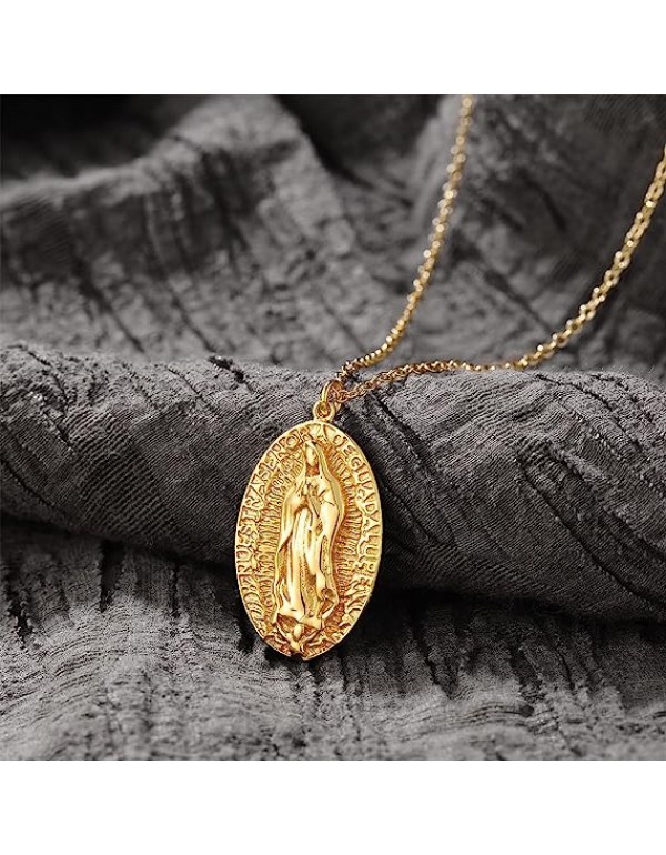 Carved Gold Coin Pendant Necklace for Women Girls Men,18K Gold Plated Dainty Minimalist Necklace for Women