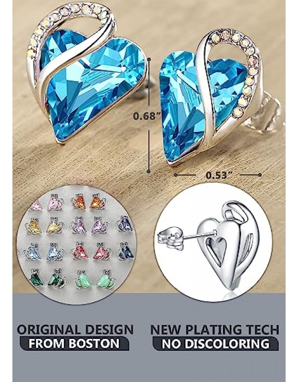 Love Heart Birthstone Crystal Stud Earrings for Women